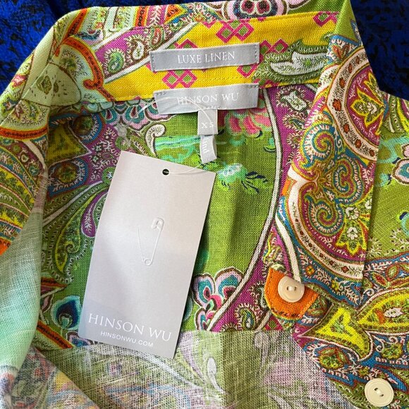 Hinson Wu Reese Long Sleeve Luxe Linen Boho Green Paisley Shirt Size XS NWT - Picture 10 of 12